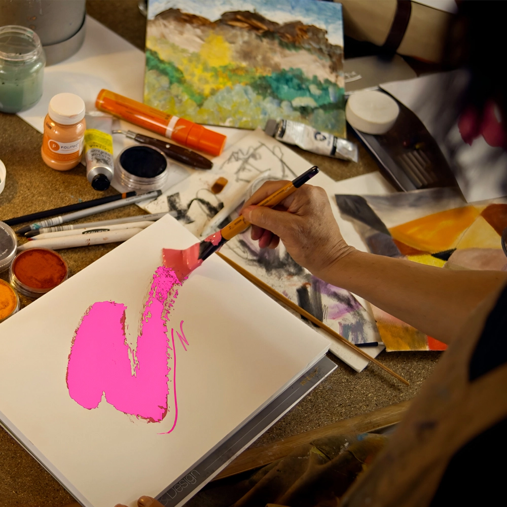 Pintura acrílica heavy body de color vibrante, acompañado de un pincel abanico con cerdas suaves y flexibles, ideal para crear texturas, difuminados y efectos artísticos detallados.